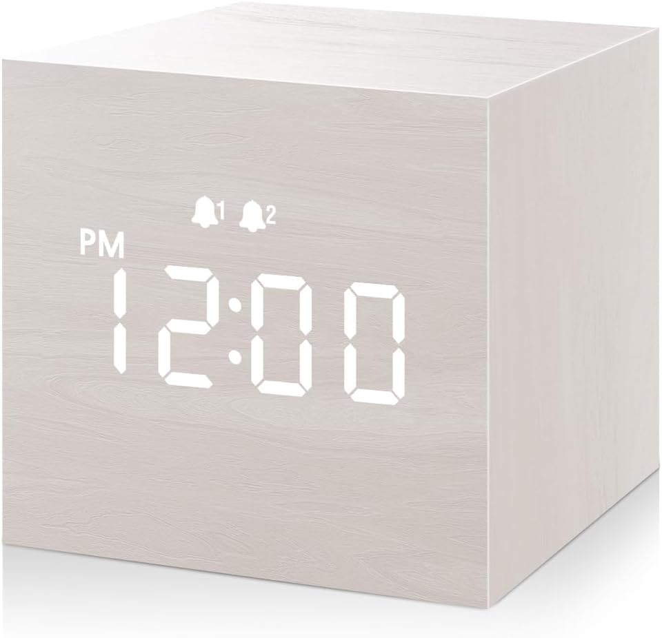 JALL Digital Alarm Clock with Wooden LED Display 3 Alarm White