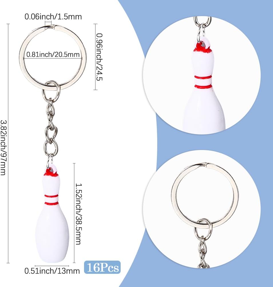 16Pcs Bowling Key Chains with Silver Alloy Resin Pendants