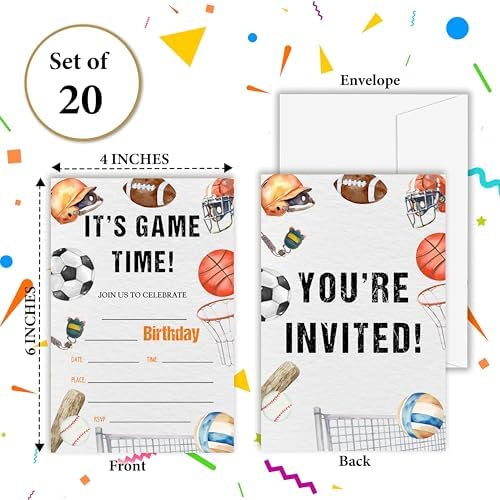 OXRUN Sports Birthday Invitations Set of 20 with Envelopes