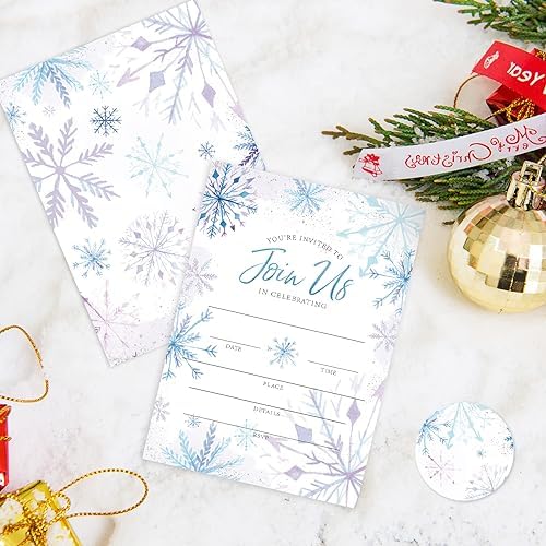 AnyDesign Christmas Invitations 20 Sets Purple Blue Snowflake Cards Envelopes Stickers