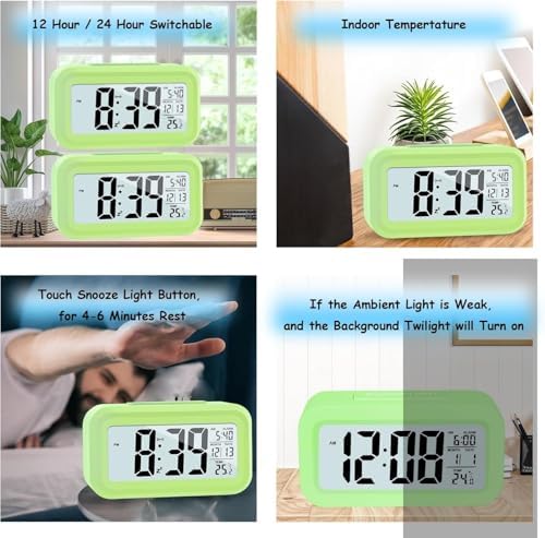 KAIJIELY LCD Digital Alarm Clock with Temperature Display Green