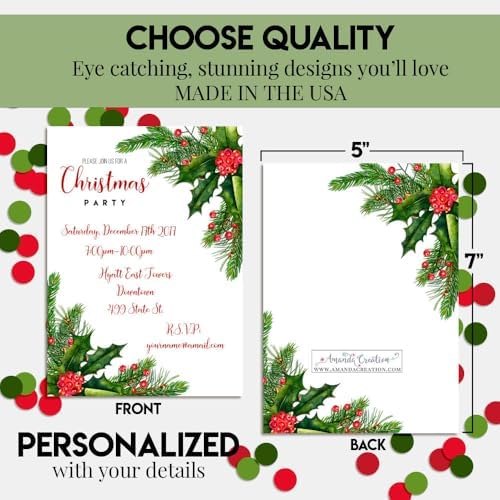 Personalized Christmas Holly Berries Party Invites 20 Pack with Envelopes