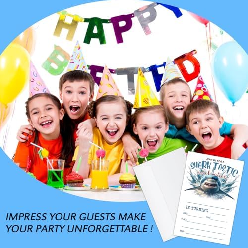 20 Shark Birthday Invitations with Envelopes