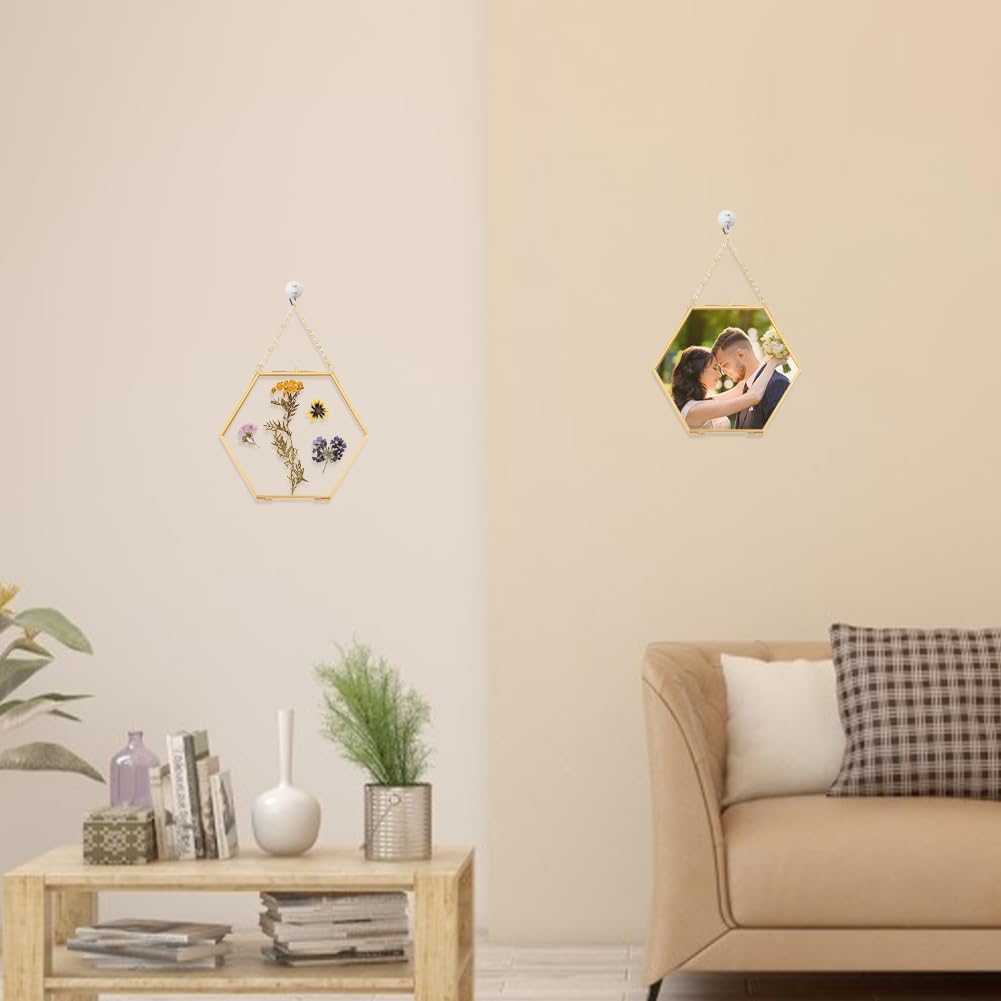 UNICRAFTALE 2Pcs Floating Glass Photo Frame with Golden Pressed Flowers