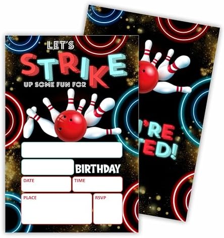 Neon Bowling Birthday Invites Set Of 20 With Envelopes
