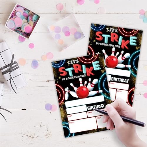 Neon Bowling Birthday Invites Set Of 20 With Envelopes