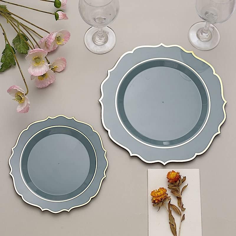 Balsa Circle 10 Dusty Blue 8-Inch Plastic Dinner Plates with Gold Rim
