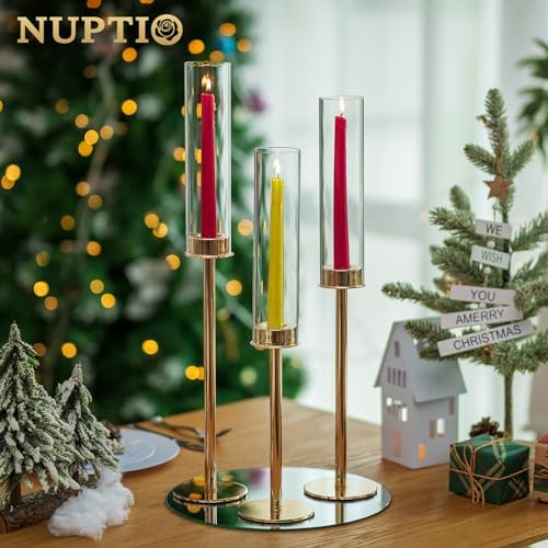 NUPTIO Gold Taper Candle Holders 3 Pcs Hurricane Candlestick