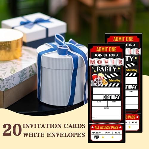 Birthday Cards 20 Movie Party Ticket Invites Red Black with Envelopes