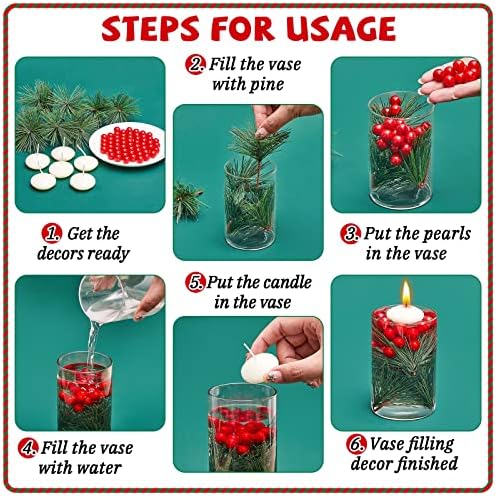 MTLEE 142 Pcs Christmas Vase Fillers with Floating Candles and Pine Needles