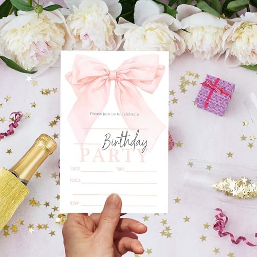 20 Pink Bow Birthday Invitations with Envelopes