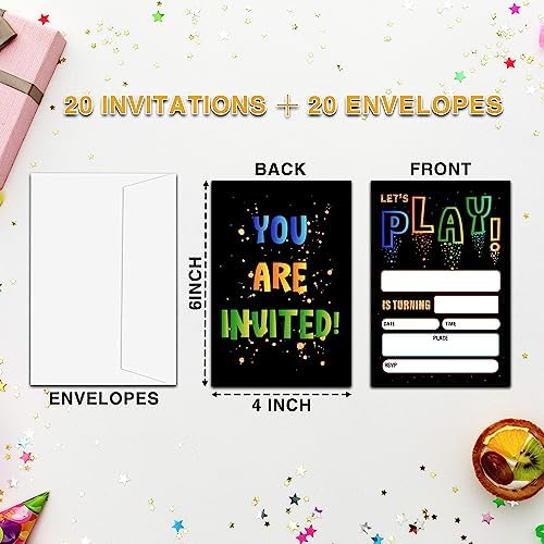 Neon Play Birthday Invitations for Kids 20 Cards with Envelopes