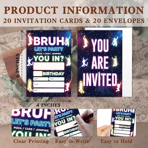 UIBOVA Glow Neon Birthday Invites 20 Pcs 4x6 with Envelopes