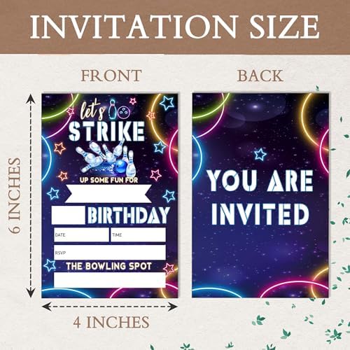 Eronm Neon Bowling Birthday Invitations 20 Pack with Envelopes