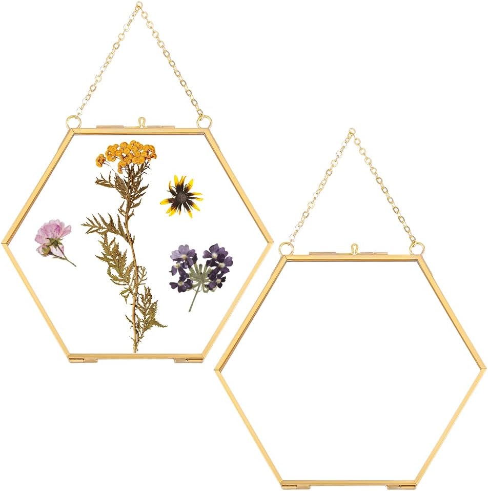UNICRAFTALE 2Pcs Floating Glass Photo Frame with Golden Pressed Flowers