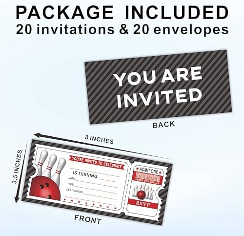 20 Bowling Birthday Invites With Envelopes Double-Sided