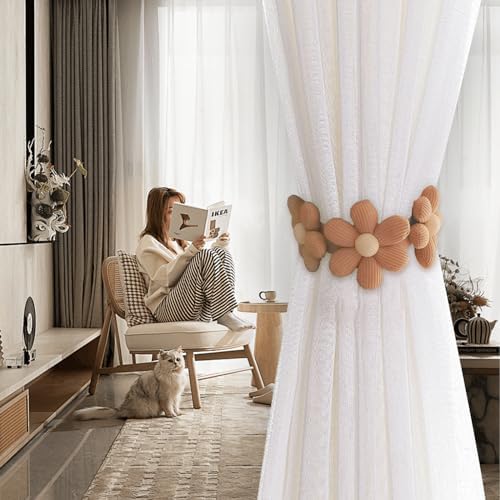 2 Pcs Flower Curtain Tiebacks with Buttons Beige