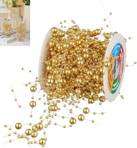 13 Feet Gold Pearl String Spool for Floating Candles and Vase Fillers