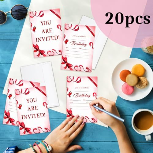 Red Bow Birthday Party Invitation Cards with Envelopes 20 Pcs