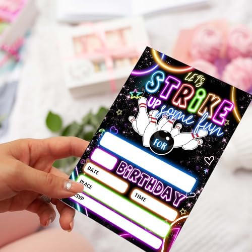 SIXEIGHT Bowling Party Invitations Neon Set 20 with Envelopes