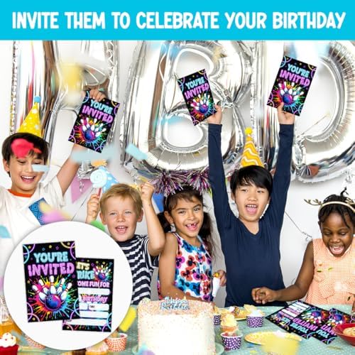 Neon Bowling Birthday Party Invitations Set