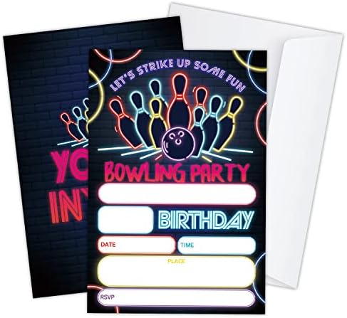 Glow Bowling Birthday Invitations with Envelopes 20 Sets