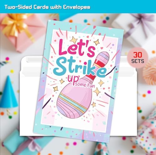 Pink Bowling Birthday Party Invitation Cards 30 Pack with Envelopes