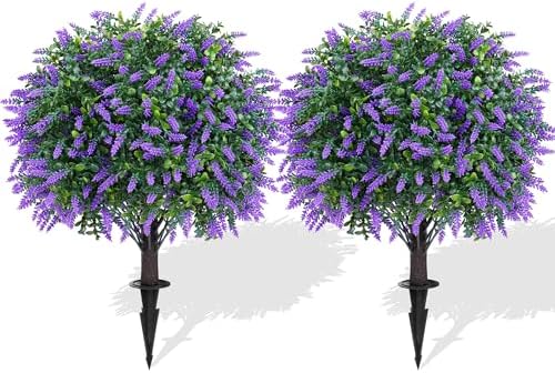 Artificial Lavender Topiary Ball Trees 2 Pack 16 Inches UV Resistant