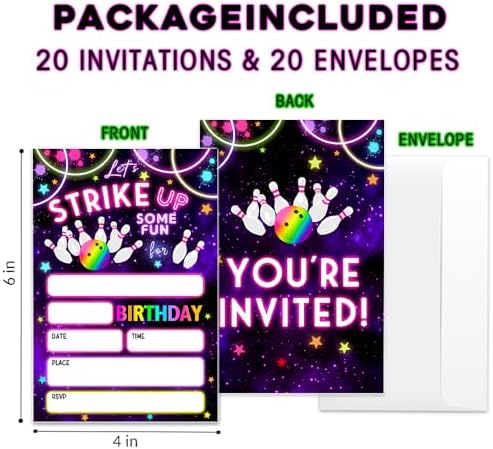 Neon Glow Bowling Party Invitations Set of 20
