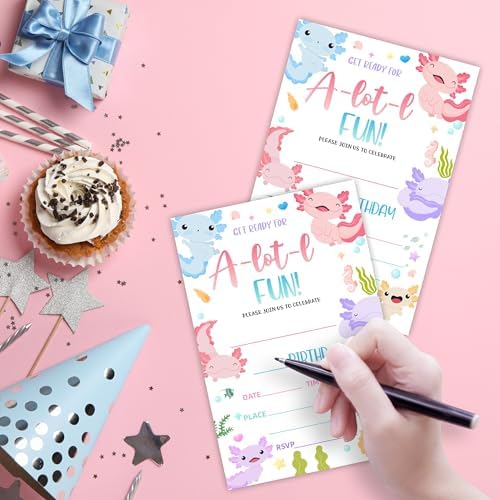 Axolotl Birthday Invites With Envelopes - 20 Sets