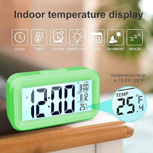 KAIJIELY LCD Digital Alarm Clock with Temperature Display Green