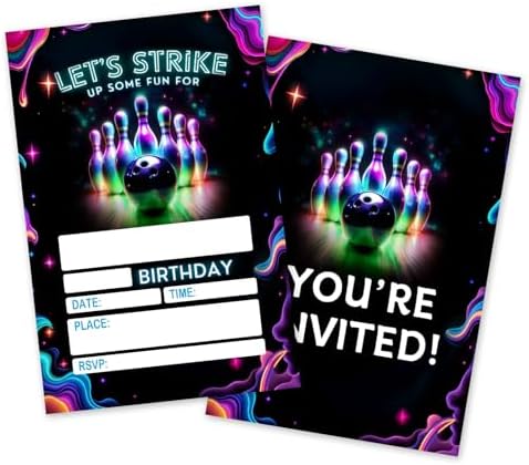 Neon Strike Bowling Birthday Invites - 25 Pcs Double Sided
