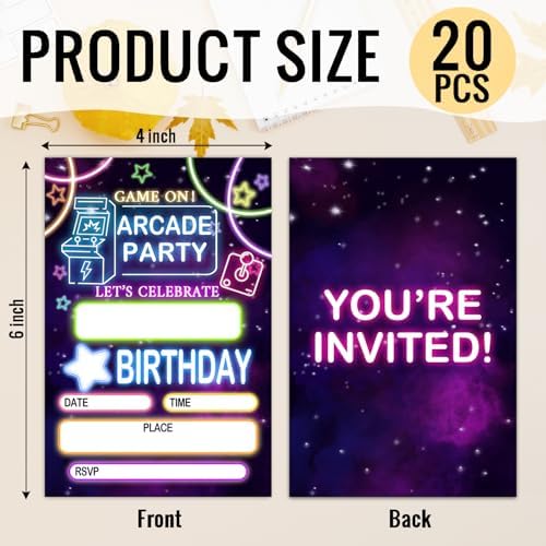 Arcade Party Invitation Cards for Kids 20pcs