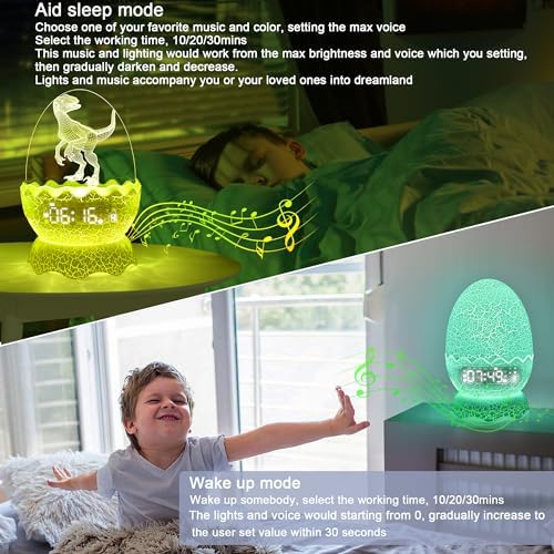 Dinosaur Egg Kids Alarm Clock with Night Light and Lullaby