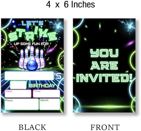 Neon Bowling Party Invites 20 Cards with Envelopes Double Sided