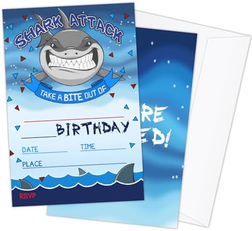 Shark Attack Birthday Party Invitations - 20 Cards