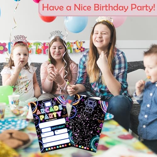 Neon Arcade Birthday Invites - 20pcs with Envelopes