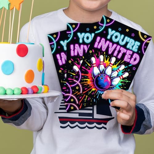 Neon Bowling Birthday Party Invitations Set
