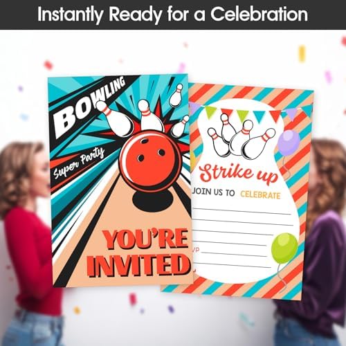 Bowling Party Birthday Invitations Set 30 Cards Double Sided
