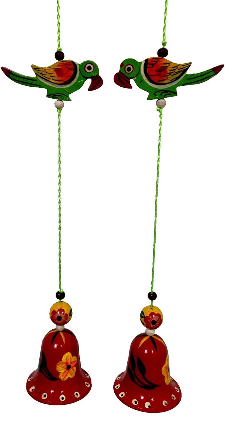 Purpledip Wall Hanging with Parrots and Bells Set of 2