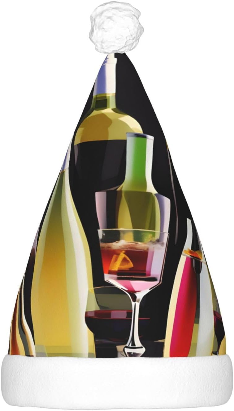 Cocktail Glasses Wine Bottles Print Christmas Hat with LED Lights