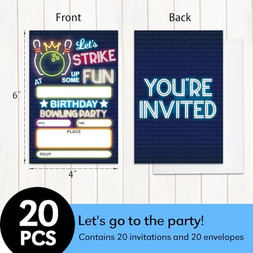 GaNiao Retro Neon Bowling Birthday Invites Set 20 Pcs
