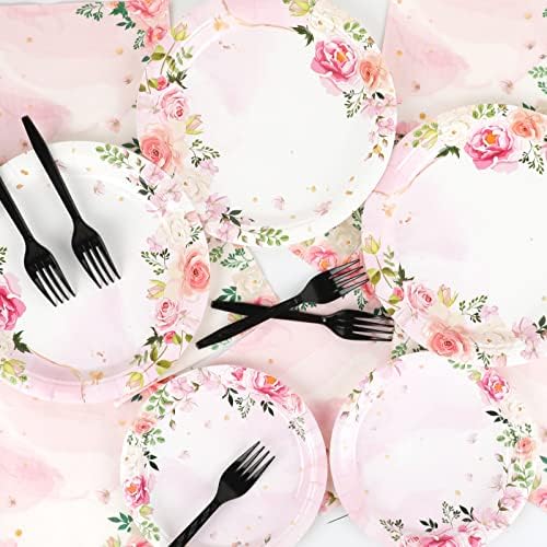 96 Pcs Pink Floral Party Plates Napkins Set for 24 Guests