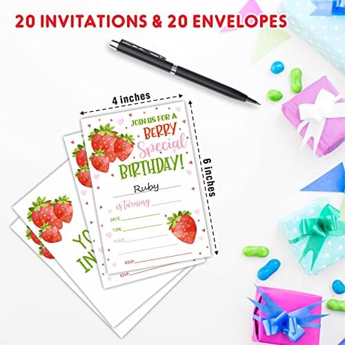 AWSICE Strawberry Birthday Invites 20pc Double-Sided Fill-In Cards