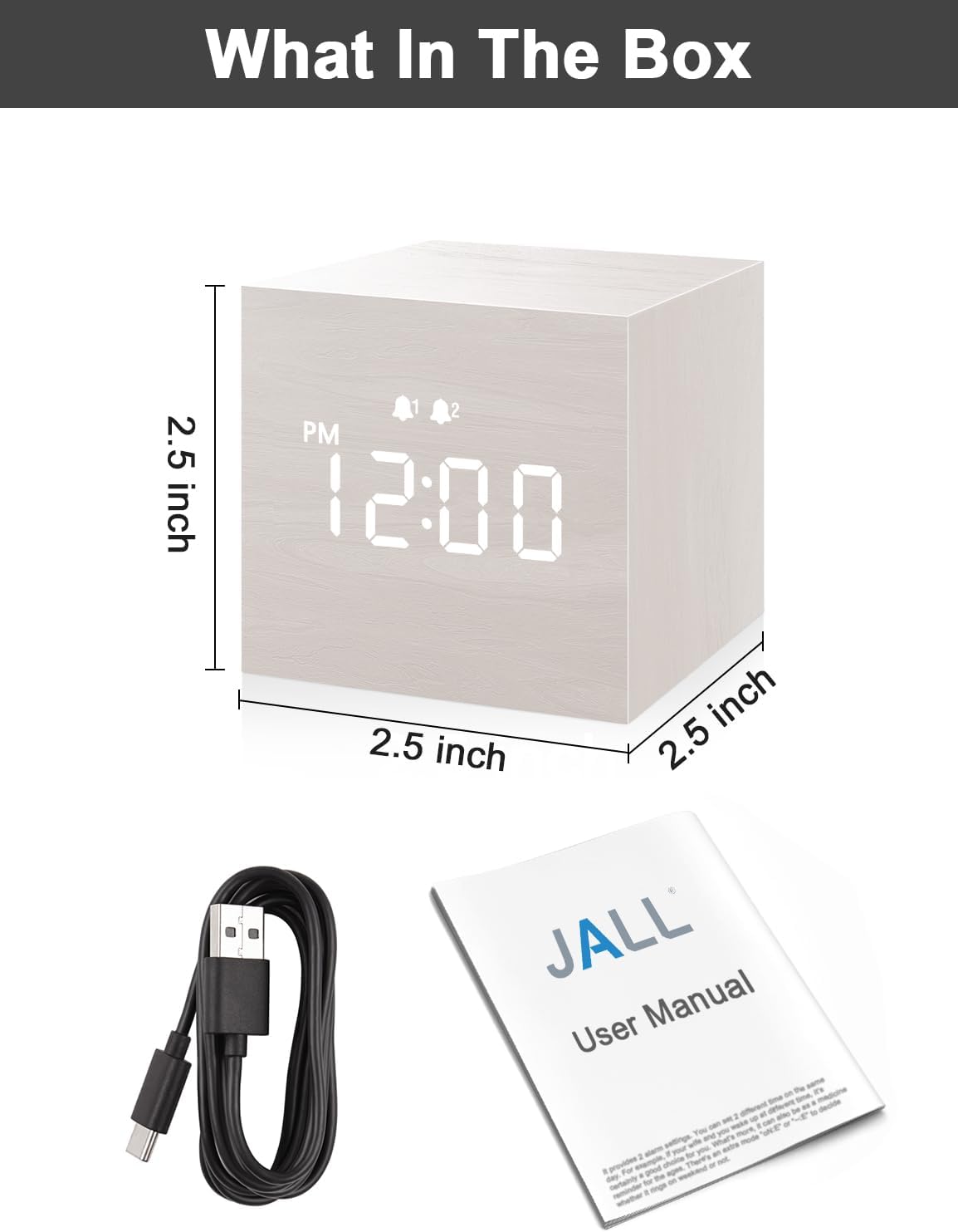 JALL Digital Alarm Clock with Wooden LED Display 3 Alarm White