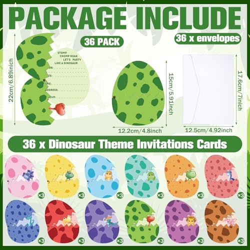 36 Dinosaur Birthday Invitation Cards with Envelopes