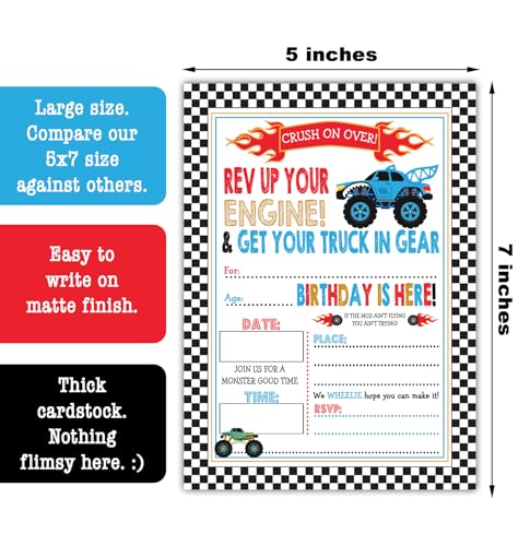 Monster Truck Birthday Invitations Set of 15 with Envelopes