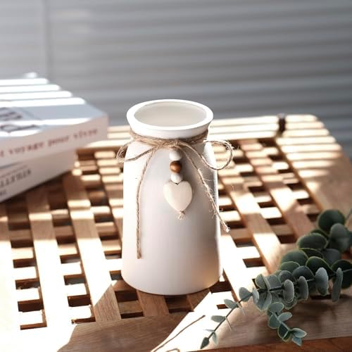 QIMOND 6-Inch Ceramic Vase with Jute Rope and Heart Charm
