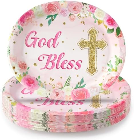 50Pcs Pink God Bless Cross Paper Plates for Baptism Parties