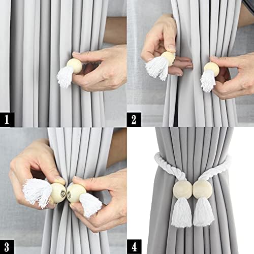 4 Pack White Magnetic Curtain Tiebacks with Wooden Buckle